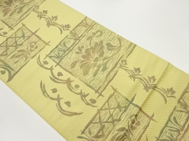 JAPANESE NAGOYA OBI / SILK / CHIKUZEN HAKATA / WOVEN SQUARE & FLORAL PLANTS & ABSTRACT PATTERN